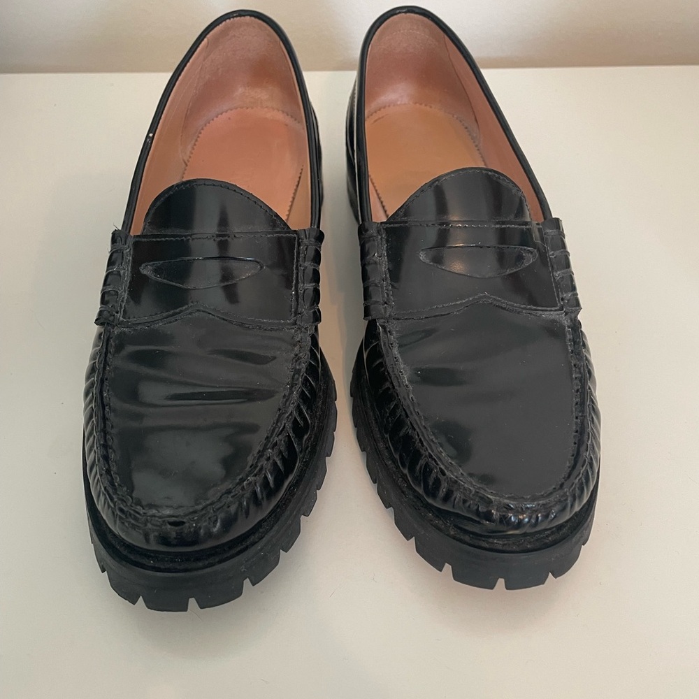 J. Crew Black Patent Leather Lug Sole Penny Loafers